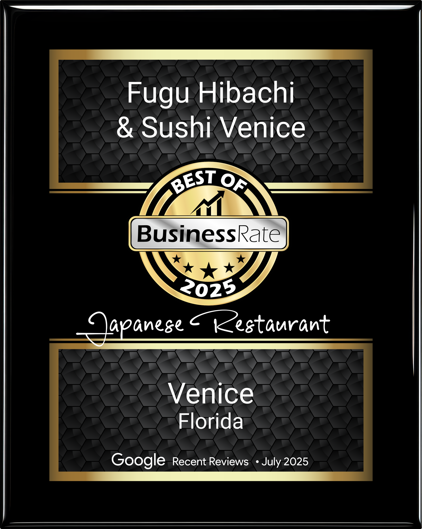 Fugu Hibachi and Sushi Venice award plaque best of Venice 2025 Japanese Restaurant